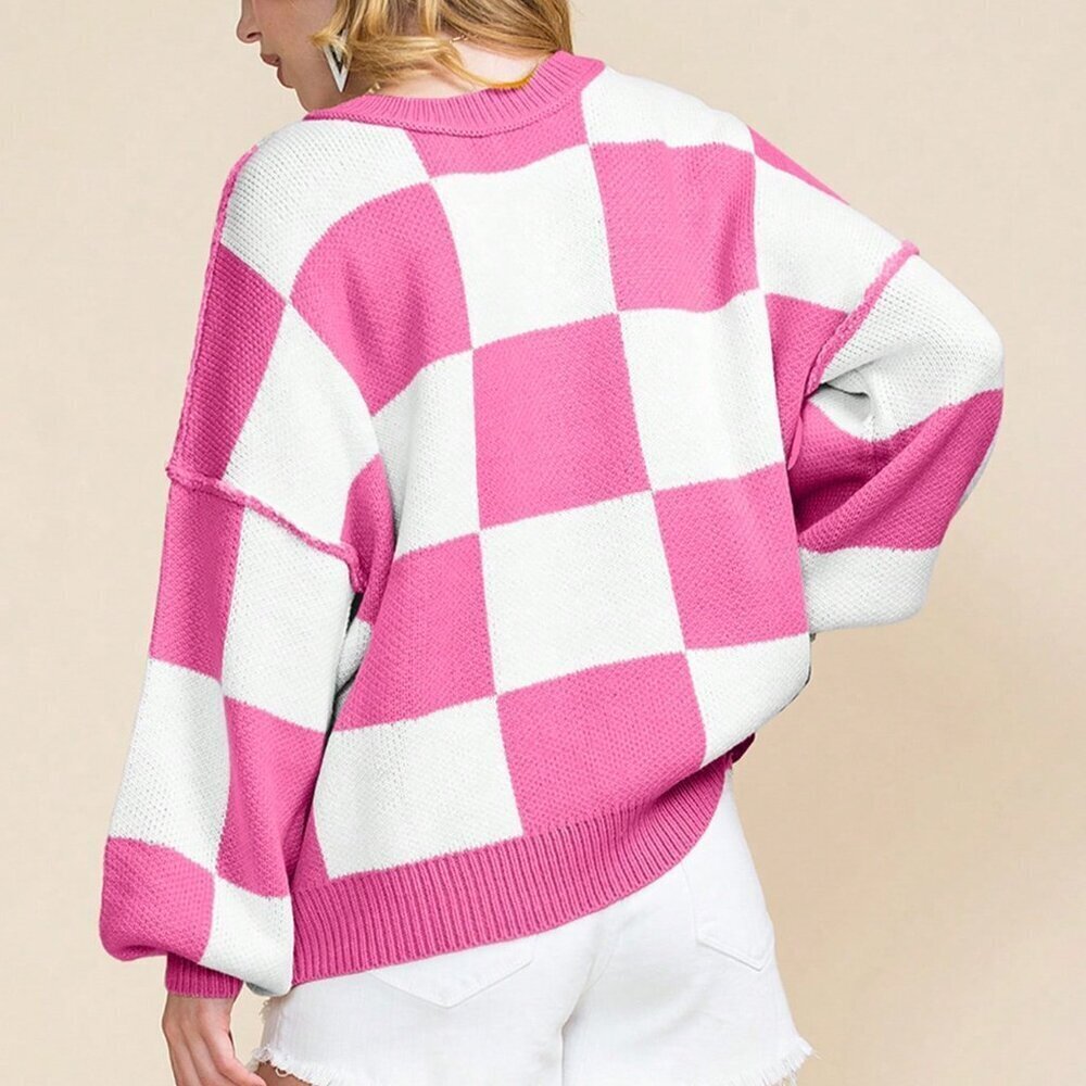 Hot Pink Casual Women's Checkered Elegant Sweater - Picture 2 of 8